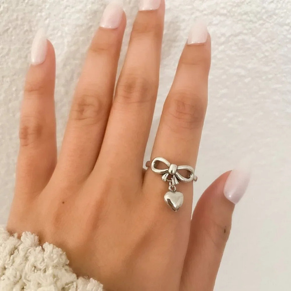 925 Sterling Silver Dangle Heart Ring Heart Charm Ring Minimalist Dainty Ring - Picture 6 of 10